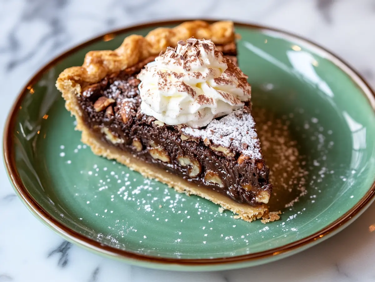 Slice of chocolate walnut Derby pie served on a green plate, topped with whipped cream and dusted with powdered sugar on a marble background.