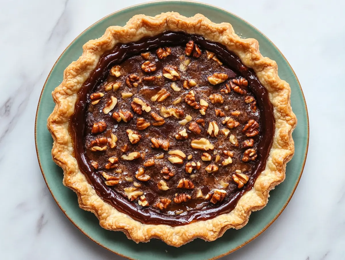 Overhead view of a whole Derby pie filled with chocolate and pecans, baked in a golden, crimped crust and served on a green ceramic plate.