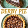 Top and bottom collage of Derby pie featuring a chocolate and pecan pie slice garnished with whipped cream and a full view of baked pie with crimped crust on a green plate.