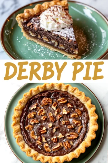 Top and bottom collage of Derby pie featuring a chocolate and pecan pie slice garnished with whipped cream and a full view of baked pie with crimped crust on a green plate.