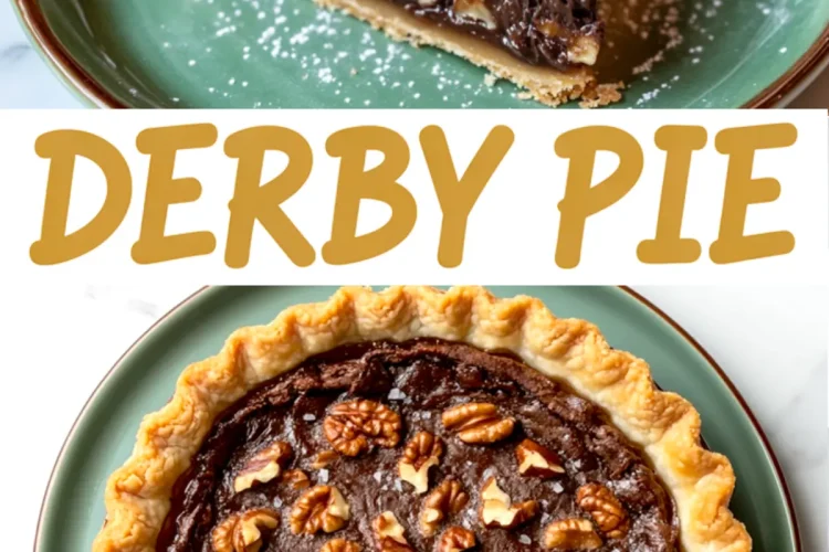 Top and bottom collage of Derby pie featuring a chocolate and pecan pie slice garnished with whipped cream and a full view of baked pie with crimped crust on a green plate.