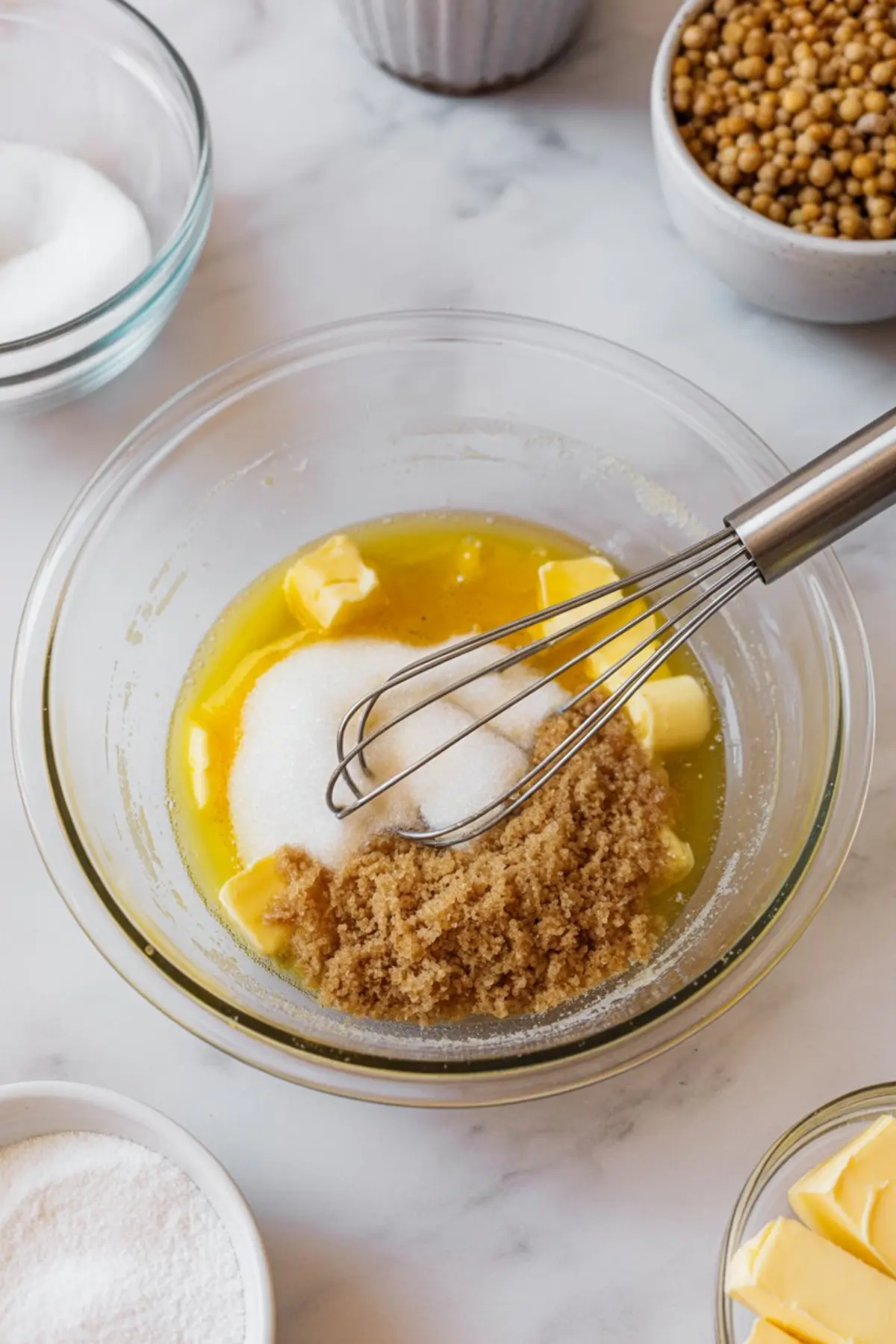 Glass mixing bowl with melted butter, white sugar, and brown sugar being whisked together for dessert baking preparation on marble surface.