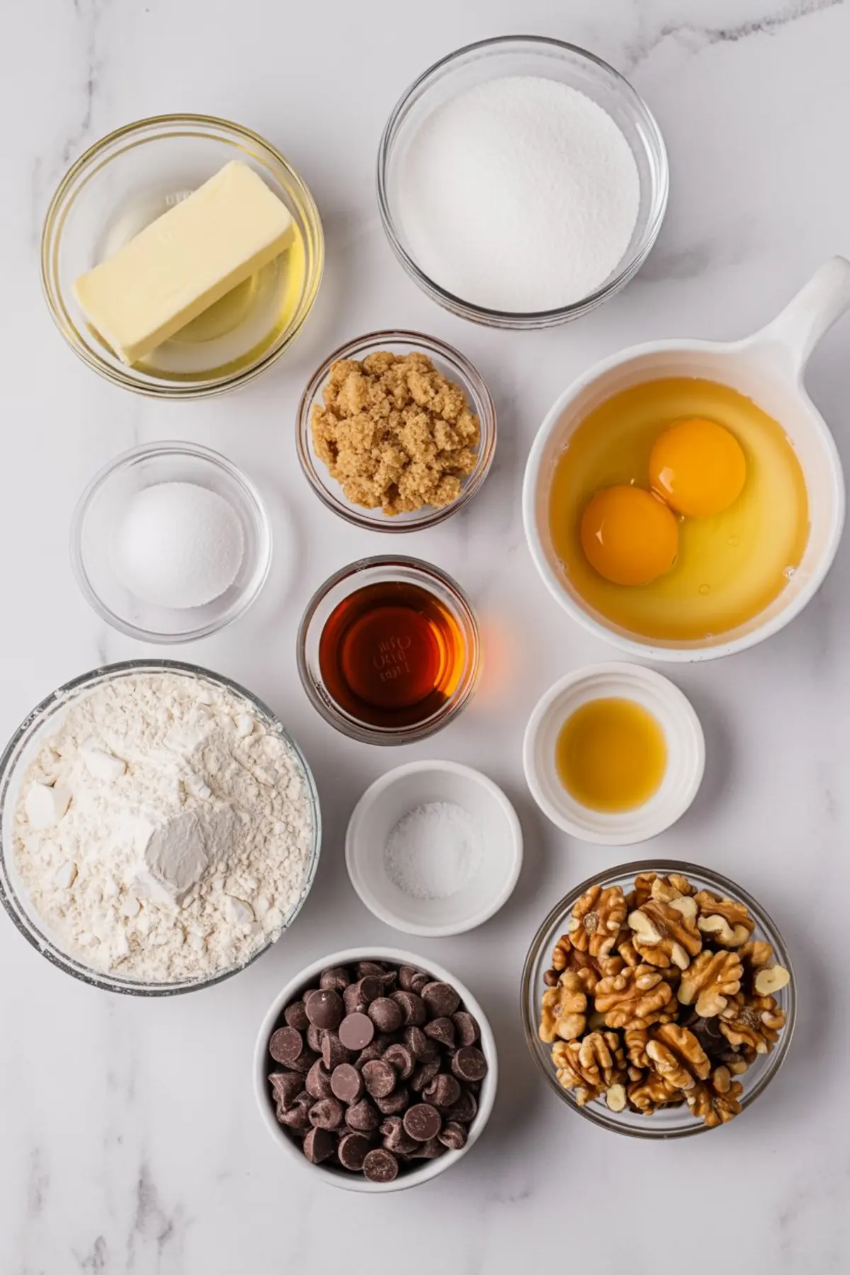 Flat lay of baking ingredients including flour, butter, granulated sugar, brown sugar, eggs, vanilla extract, salt, baking soda, chocolate chips, and walnuts arranged on white marble background.