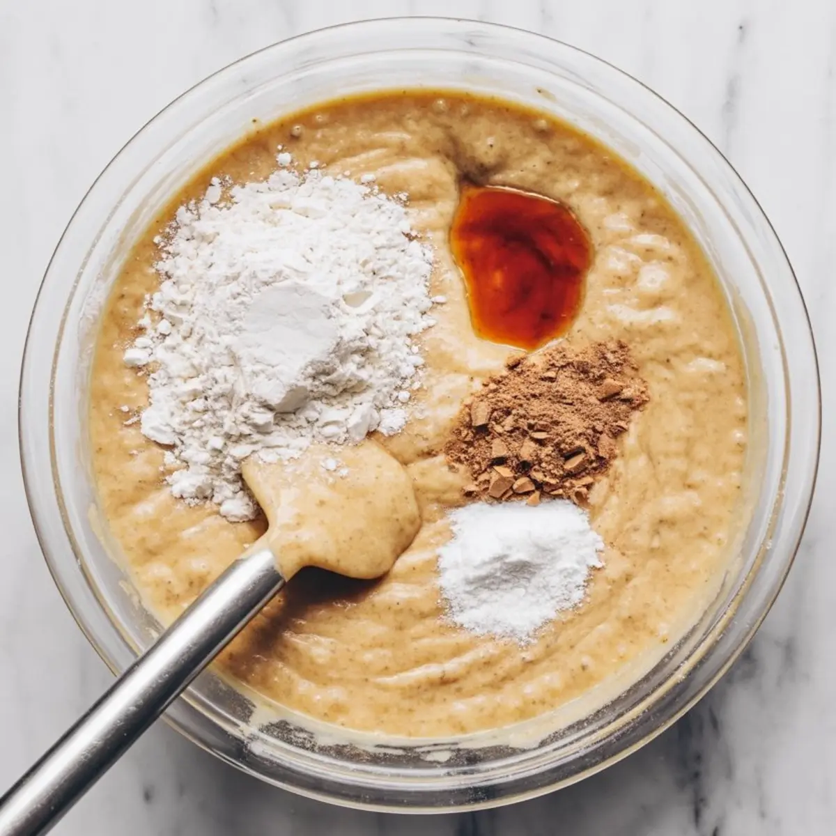 Glass mixing bowl with thick batter being combined with flour, vanilla, baking soda, and ground spices using a spatula on marble counter.
