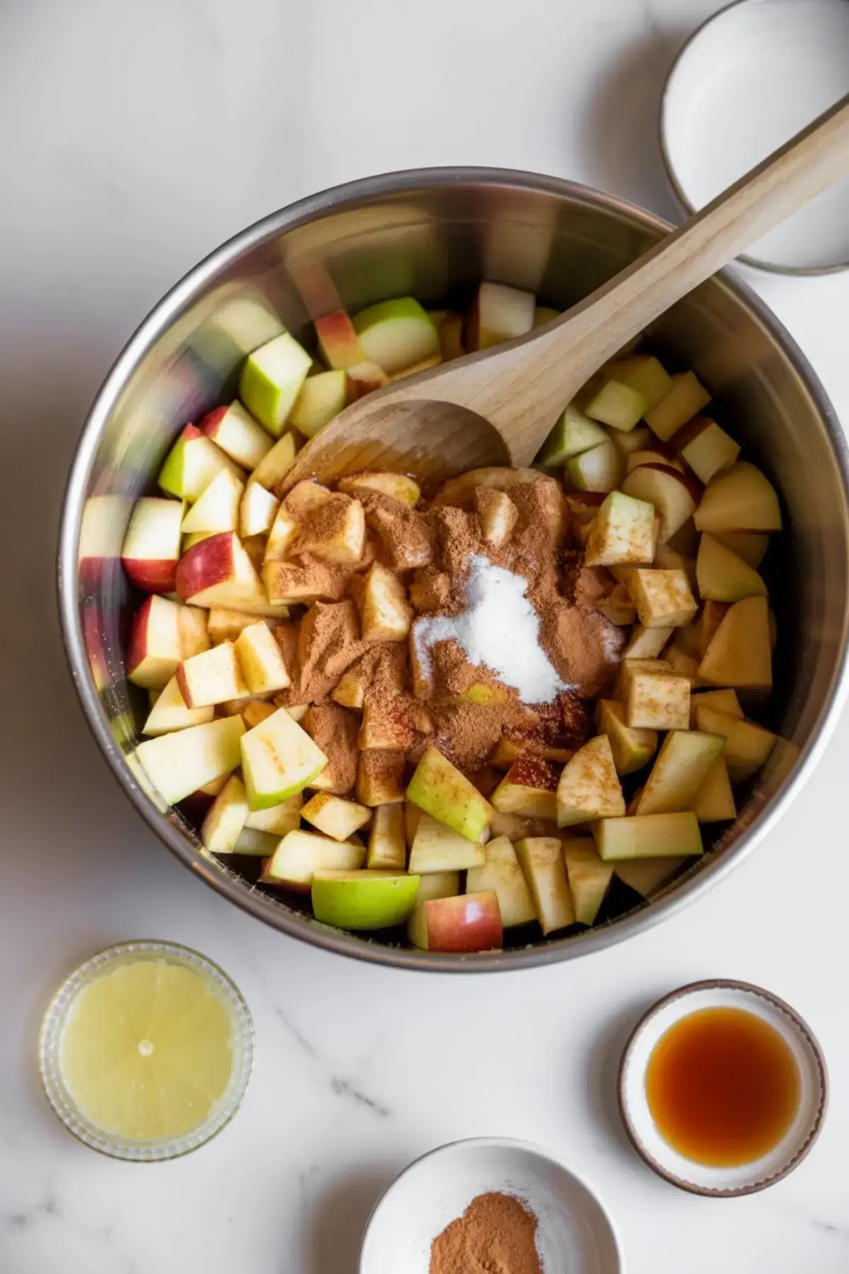 Overhead view of diced green and red apples in a mixing bowl topped with cinnamon, sugar, and salt, with wooden spoon and lemon, vanilla, and spice bowls beside.