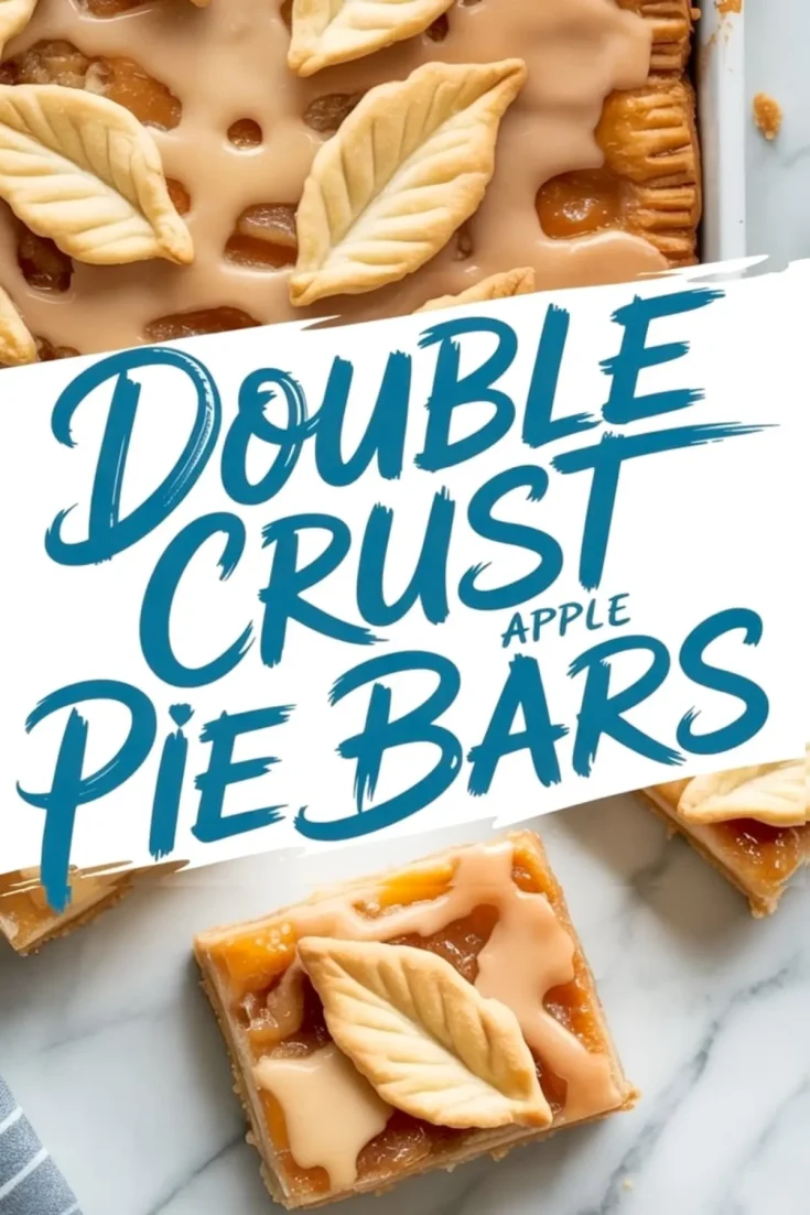 Collage image featuring glazed apple pie bars topped with leaf-shaped crust cutouts, with the text “Double Crust Apple Pie Bars” across the center.