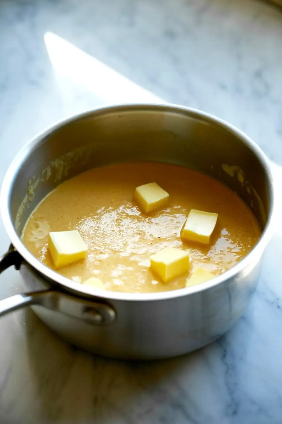 Cubes of butter melting into a golden-brown apple filling mixture in a stainless steel saucepan on a marble surface.