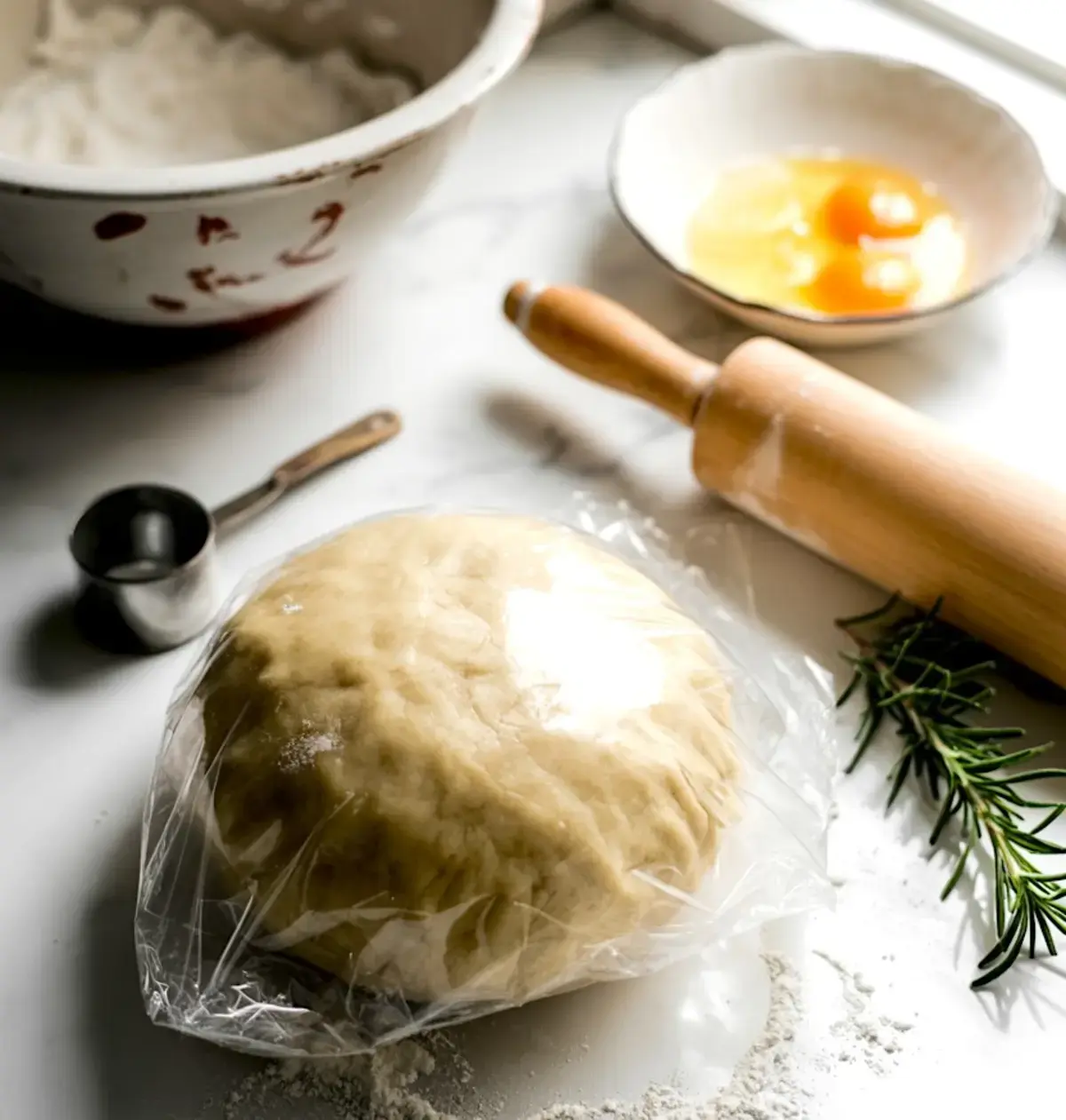 Homemade pie dough wrapped in plastic on a floured surface with a rolling pin, cracked eggs in a bowl, flour, and rosemary sprig nearby.