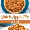 Whole baked Dutch apple pie with golden crumble topping in a fluted pie crust on a teal plate, with a text overlay and a close-up of a slice showing gooey cinnamon apple filling and buttery crumb topping.