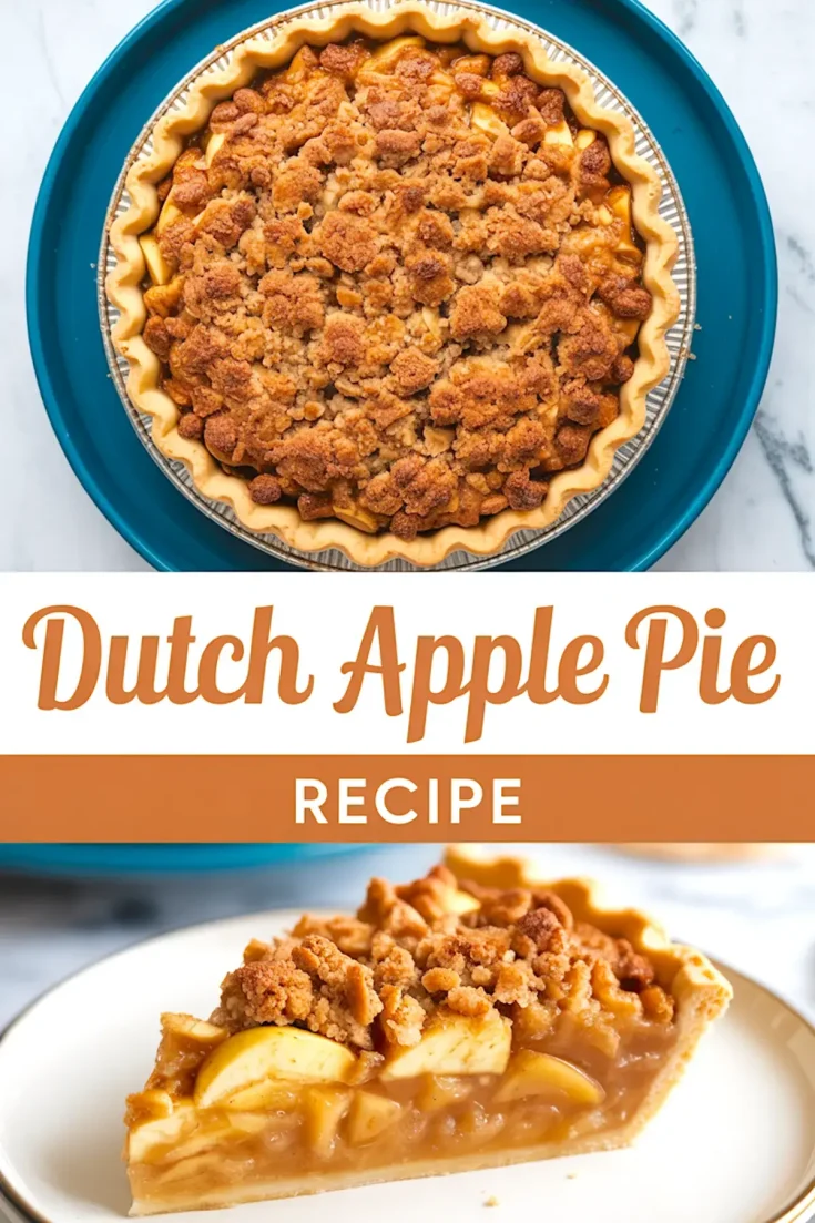 Whole baked Dutch apple pie with golden crumble topping in a fluted pie crust on a teal plate, with a text overlay and a close-up of a slice showing gooey cinnamon apple filling and buttery crumb topping.