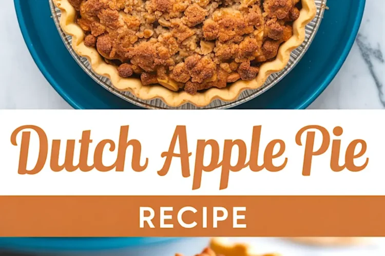 Whole baked Dutch apple pie with golden crumble topping in a fluted pie crust on a teal plate, with a text overlay and a close-up of a slice showing gooey cinnamon apple filling and buttery crumb topping.