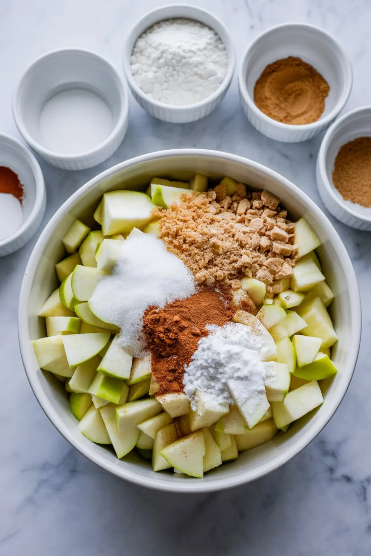 Overhead view of a mixing bowl filled with chopped green apples topped with granulated sugar, brown sugar, ground cinnamon, crushed cookies, and cornstarch, surrounded by small white ramekins holding pie ingredients on a marble surface.
