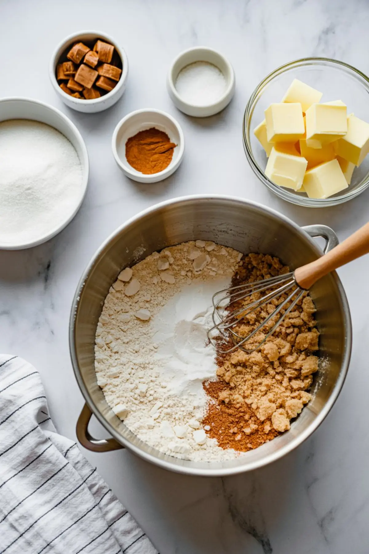 Large stainless steel mixing bowl filled with flour, brown sugar, cinnamon, and baking soda with a whisk inside, surrounded by bowls of cubed butter, white sugar, caramel pieces, salt, and cinnamon on a white countertop.
