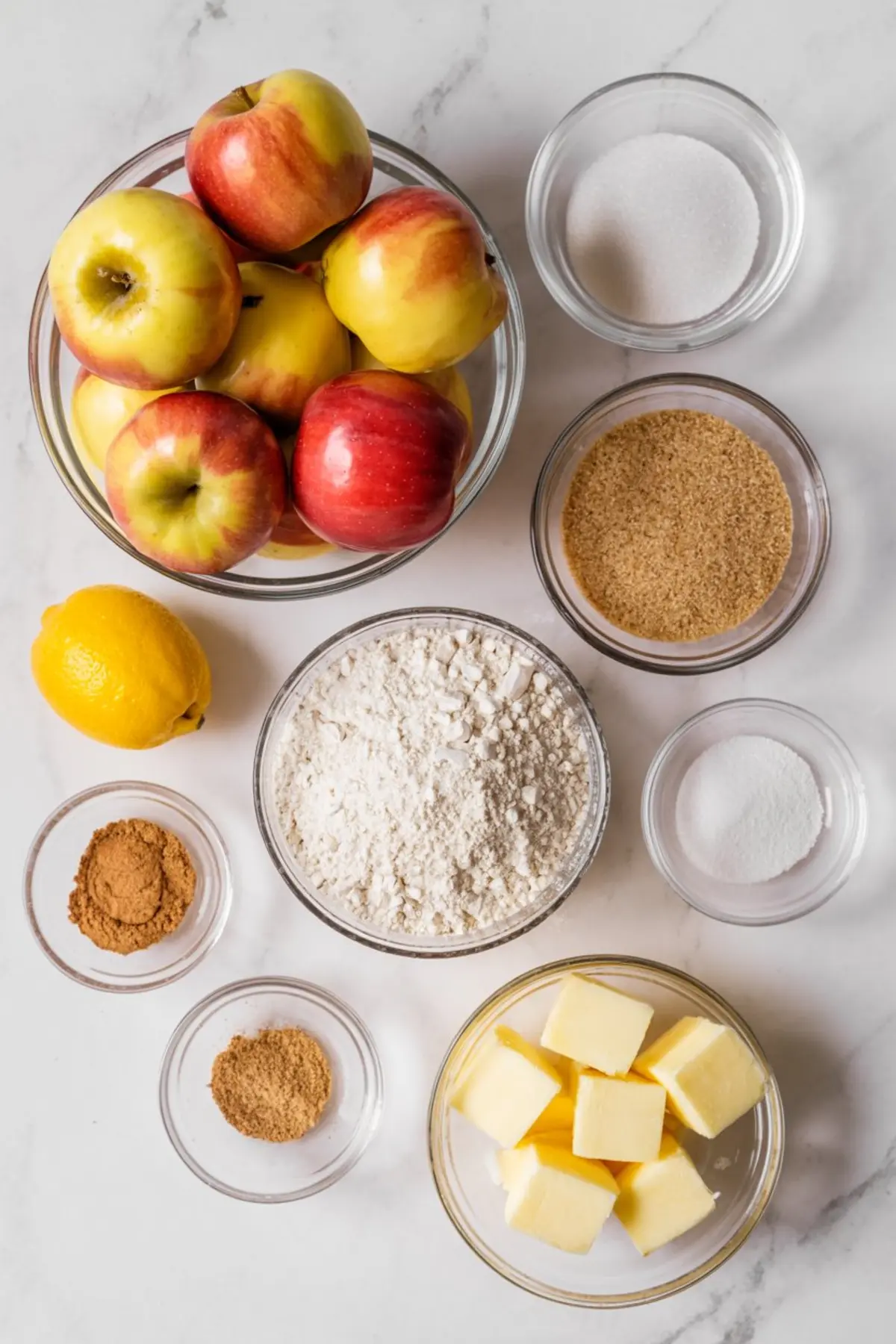 Flat lay of fresh Dutch apple pie ingredients including whole red and yellow apples, a lemon, flour, cubed butter, granulated sugar, brown sugar, cinnamon, nutmeg, and baking soda arranged in glass bowls on a white surface.