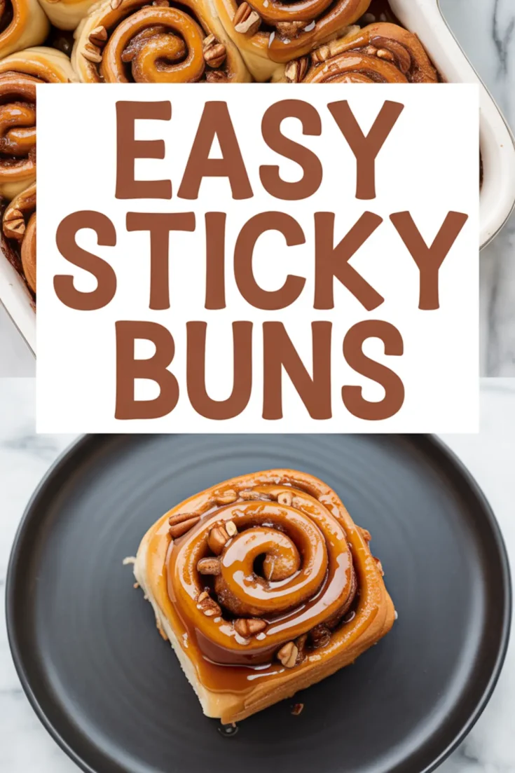 Baked sticky buns topped with pecans in a white dish and a single sticky bun with caramel glaze on a black plate, labeled “Easy Sticky Buns.”