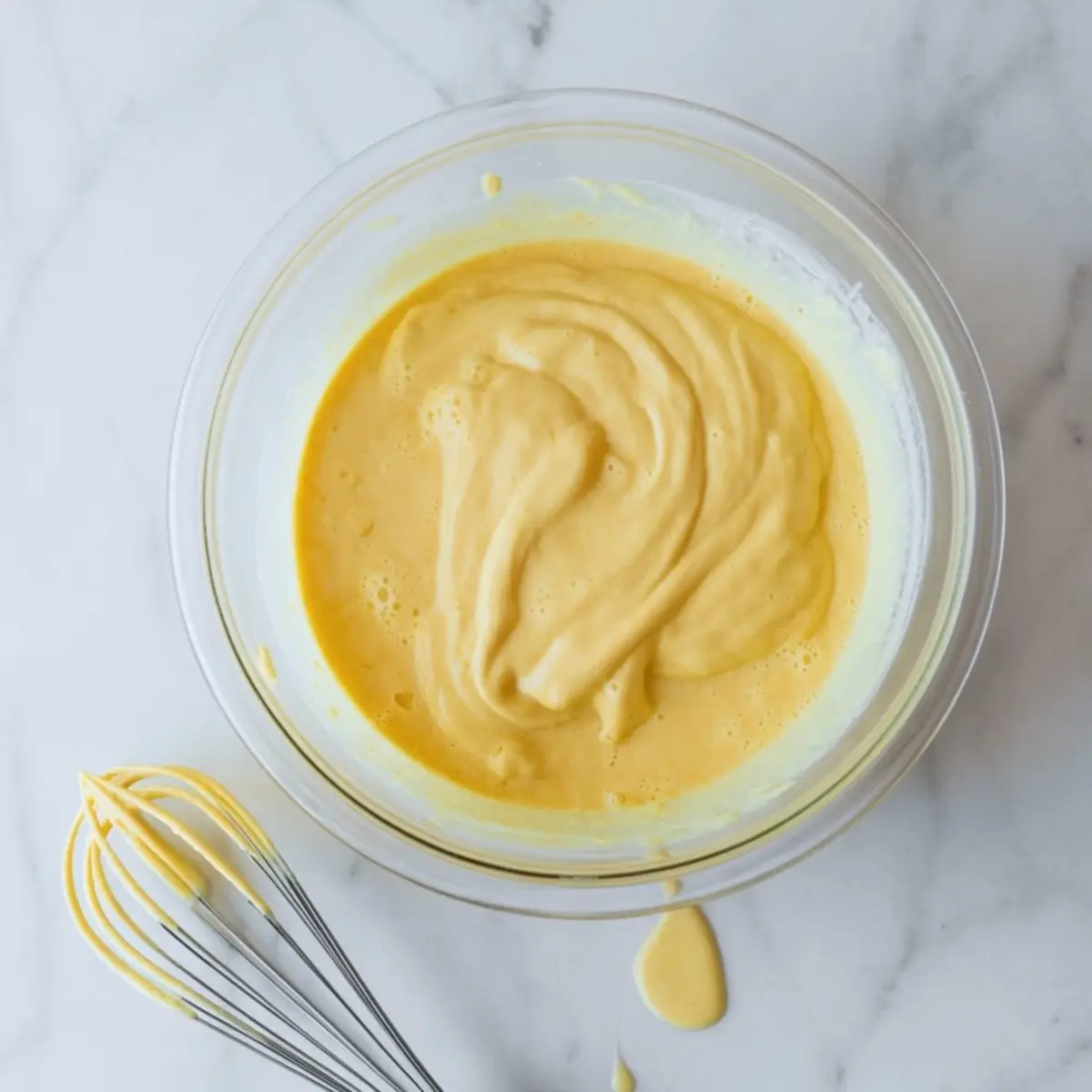 Thick egg custard pie filling in a glass bowl on a white marble countertop with a whisk coated in yellow batter placed nearby.