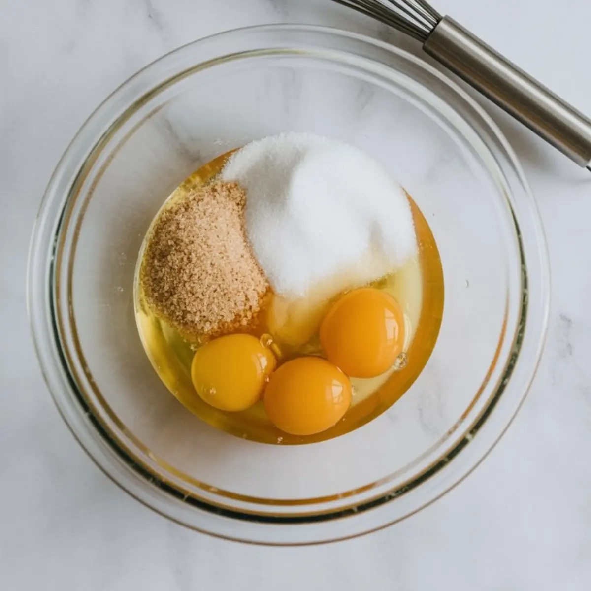 Glass mixing bowl with three raw eggs, white sugar, and light brown sugar on a marble surface, with a stainless steel whisk beside it.