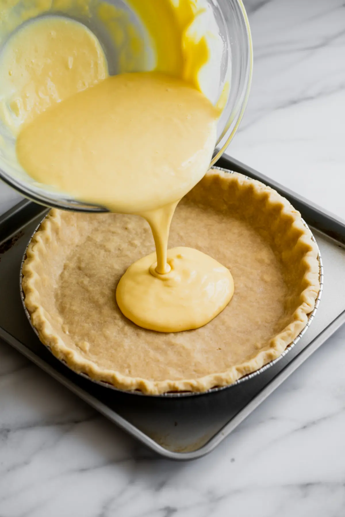 Creamy egg custard filling being poured from a glass bowl into an unbaked pie crust resting on a metal baking sheet.