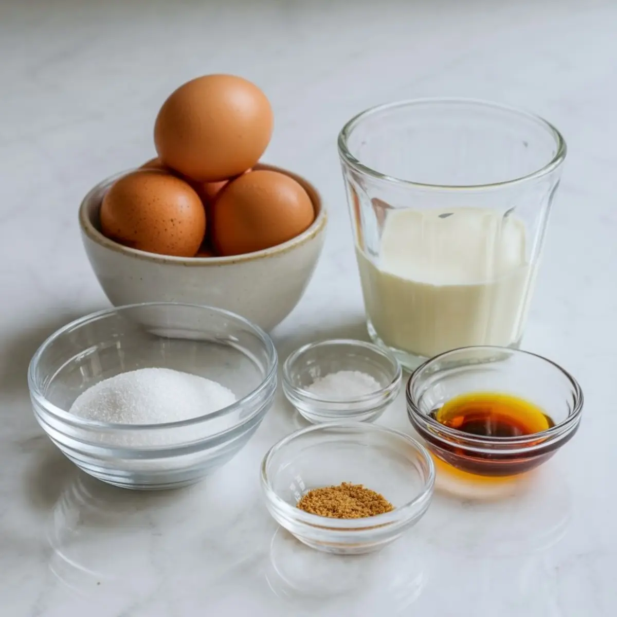 Assorted ingredients for egg custard pie including whole eggs, sugar, salt, ground nutmeg, vanilla extract, and milk displayed in clear bowls and a ceramic dish on a marble surface.