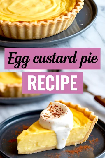 Collage featuring a full baked egg custard pie in a fluted crust above, and a plated slice topped with whipped cream and cinnamon below, with soft custard filling and crisp crust.