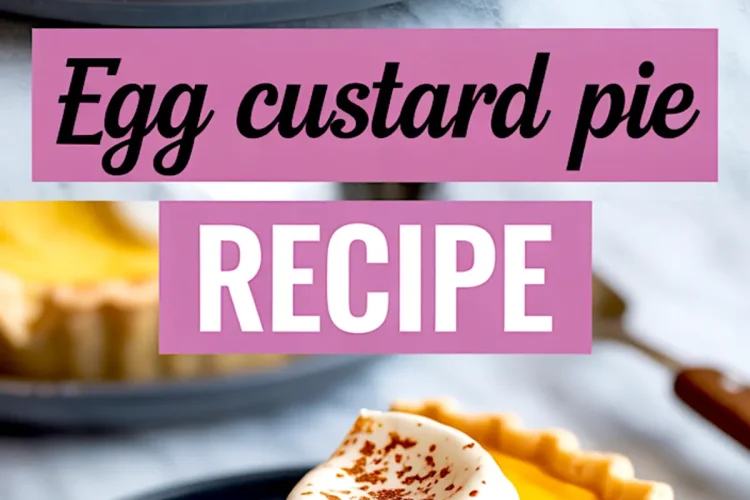 Collage featuring a full baked egg custard pie in a fluted crust above, and a plated slice topped with whipped cream and cinnamon below, with soft custard filling and crisp crust.