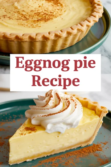 Eggnog pie collage featuring a full baked pie topped with cinnamon and a close-up slice garnished with whipped cream and spice, with bold “Eggnog Pie Recipe” text overlay in the center.