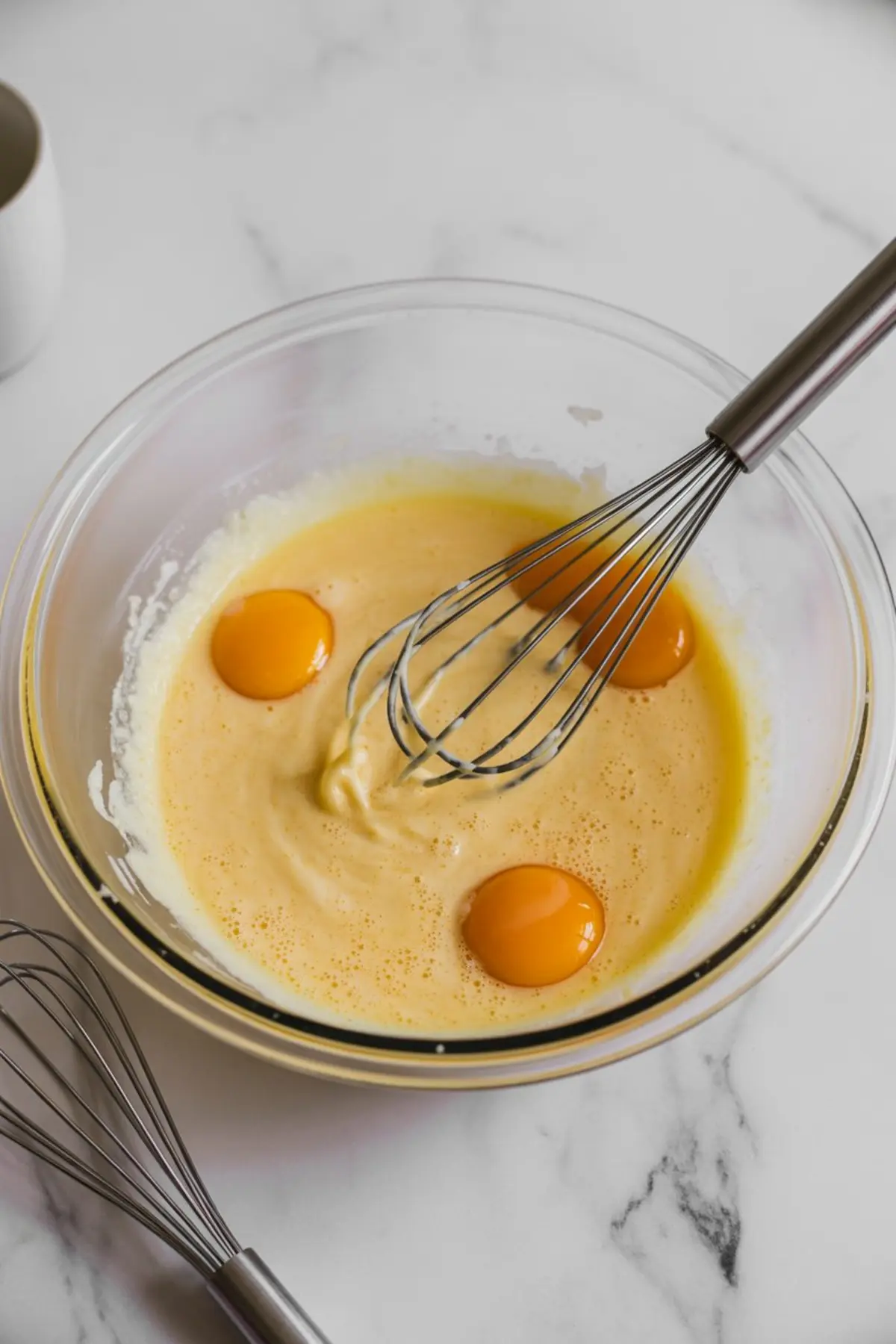 Glass mixing bowl filled with a thick yellow batter and three cracked eggs, with a metal whisk partially submerged on a white marble countertop.