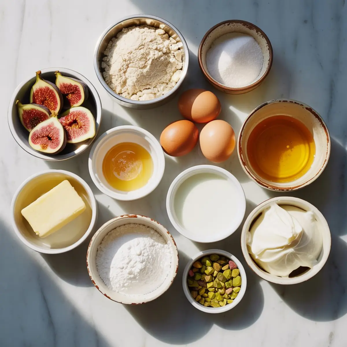 A flat lay of fig cake ingredients on a marble surface featuring halved fresh figs, flour, sugar, eggs, honey, melted butter, milk, mascarpone cheese, baking powder, and chopped pistachios in ceramic bowls.