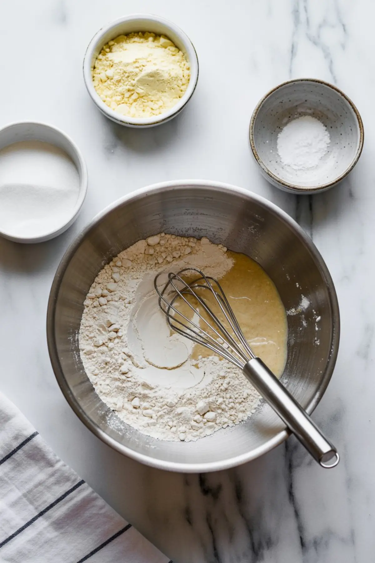 A mixing bowl containing flour and wet ingredients being combined with a metal whisk, surrounded by small bowls of sugar, baking powder, and powdered flour on a marble countertop.