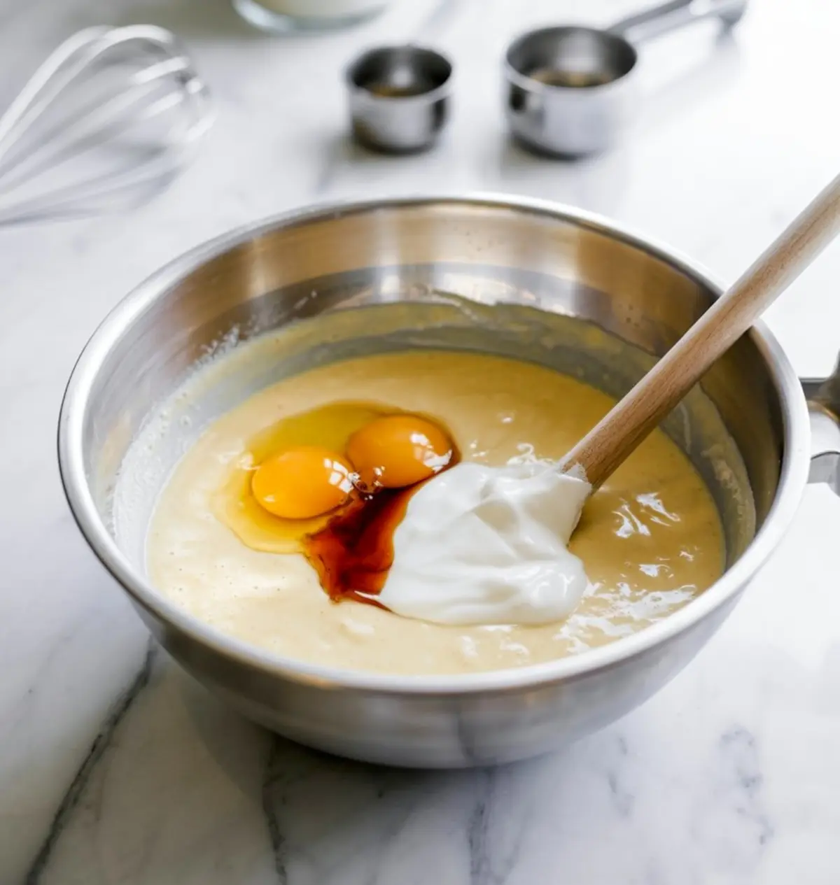 A stainless steel mixing bowl filled with cake batter is shown with added ingredients including two raw eggs, a spoonful of thick yogurt, and a splash of vanilla extract, with a wooden spoon resting inside.