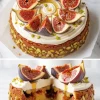 Two stacked views of a decorated fig cake topped with mascarpone frosting, fresh fig wedges, chopped pistachios, and honey drizzle; the bottom half shows a sliced interior revealing baked figs.