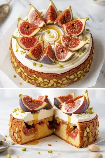 Two stacked views of a decorated fig cake topped with mascarpone frosting, fresh fig wedges, chopped pistachios, and honey drizzle; the bottom half shows a sliced interior revealing baked figs.