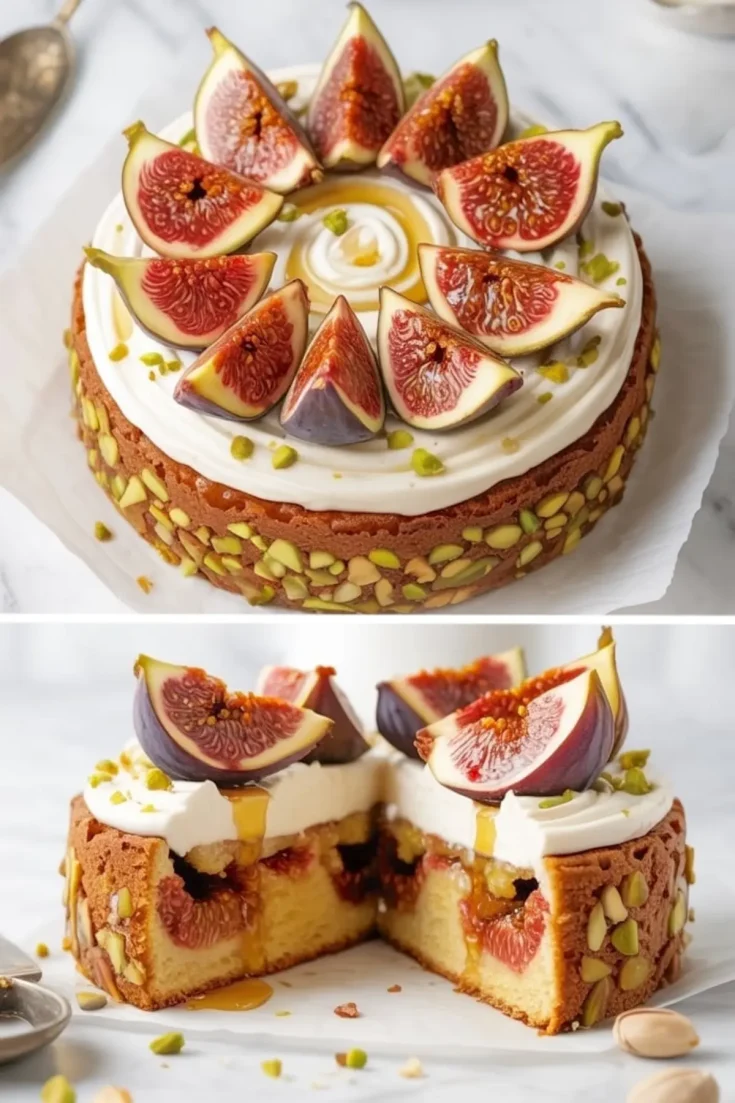 Two stacked views of a decorated fig cake topped with mascarpone frosting, fresh fig wedges, chopped pistachios, and honey drizzle; the bottom half shows a sliced interior revealing baked figs.
