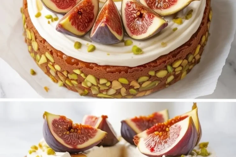 Two stacked views of a decorated fig cake topped with mascarpone frosting, fresh fig wedges, chopped pistachios, and honey drizzle; the bottom half shows a sliced interior revealing baked figs.