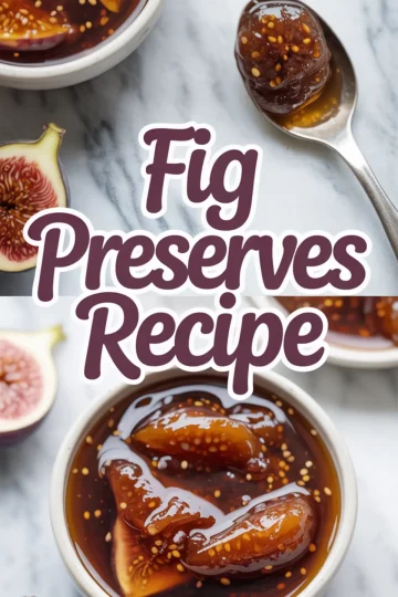Collage image showing two views of fig preserves in a bowl with whole figs and a spoon, overlaid with “Fig Preserves Recipe” text in bold lettering.