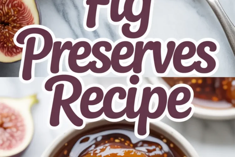 Collage image showing two views of fig preserves in a bowl with whole figs and a spoon, overlaid with “Fig Preserves Recipe” text in bold lettering.