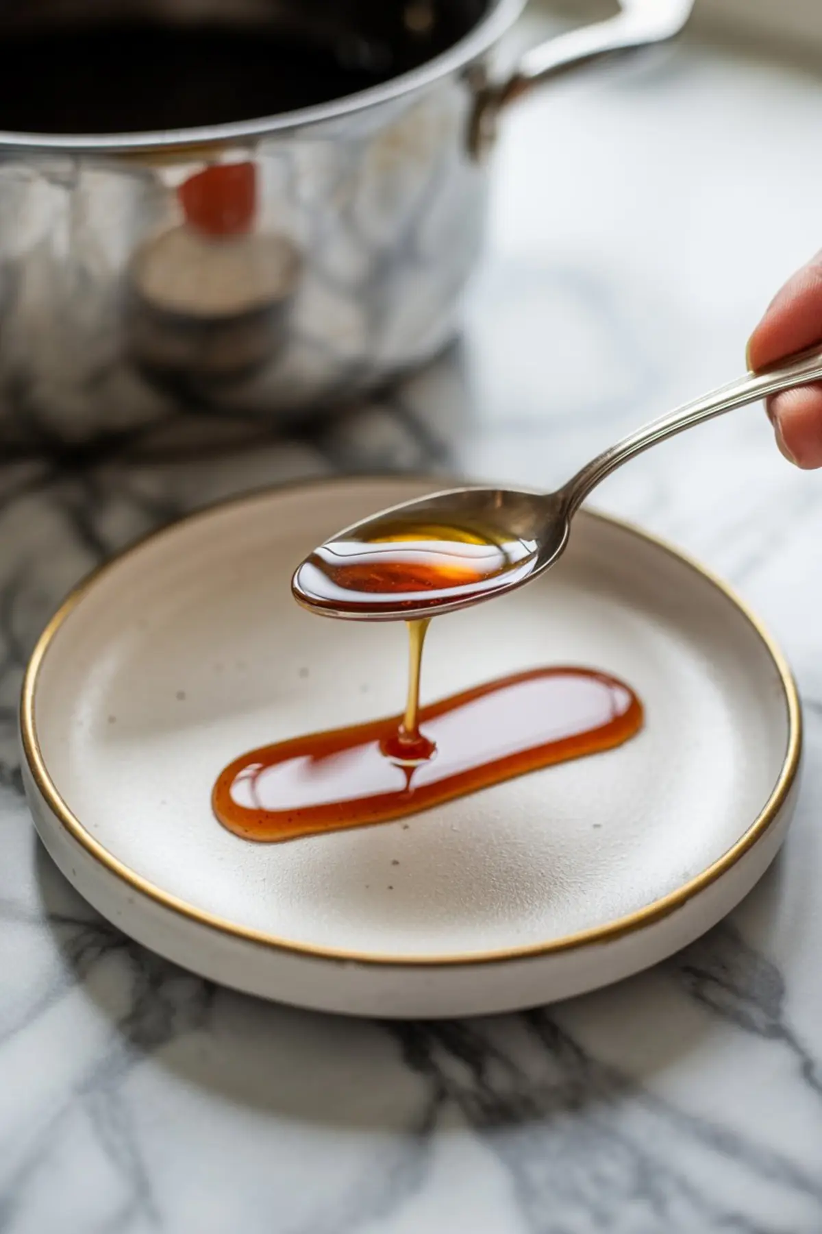 Close-up of a spoon drizzling thick fig syrup onto a white plate with golden rim, set on a marble countertop near a stainless steel pot.