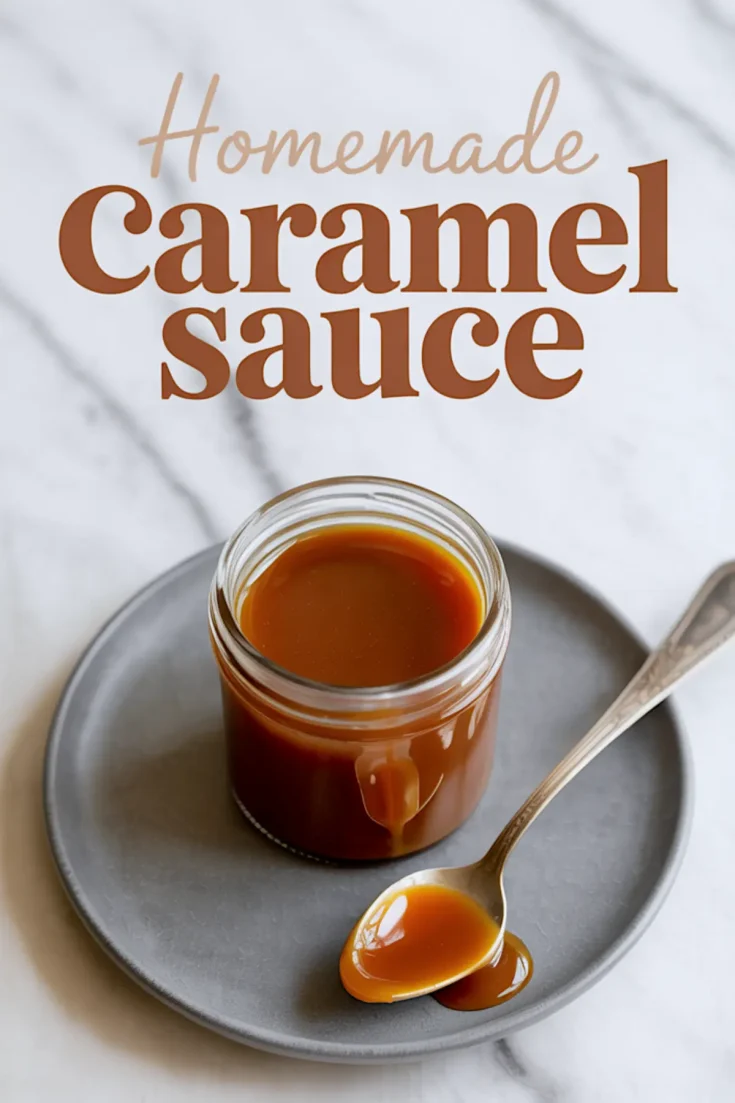 A jar of smooth homemade caramel sauce placed on a gray plate with a spoonful of caramel beside it, with the text “Homemade Caramel Sauce.”