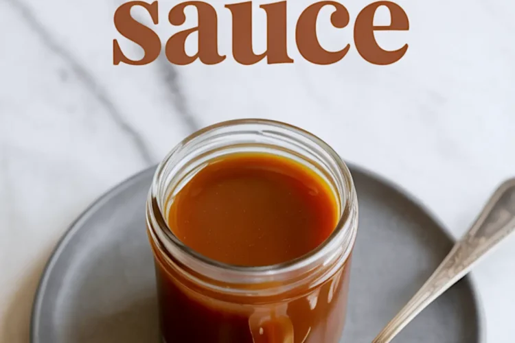 A jar of smooth homemade caramel sauce placed on a gray plate with a spoonful of caramel beside it, with the text “Homemade Caramel Sauce.”