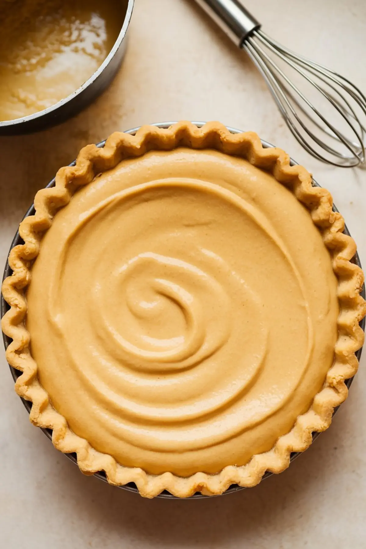 A freshly filled honey pie with a smooth, golden custard filling swirled neatly in a crimped, unbaked pie crust, resting on a light countertop with a whisk and saucepan in the background.