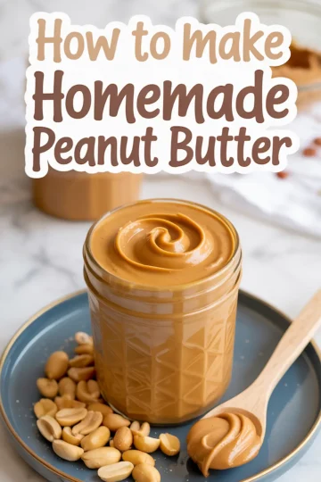 A glass jar filled with smooth homemade peanut butter on a blue plate, surrounded by shelled peanuts and a wooden spoon, with a text overlay reading “How to make Homemade Peanut Butter.”