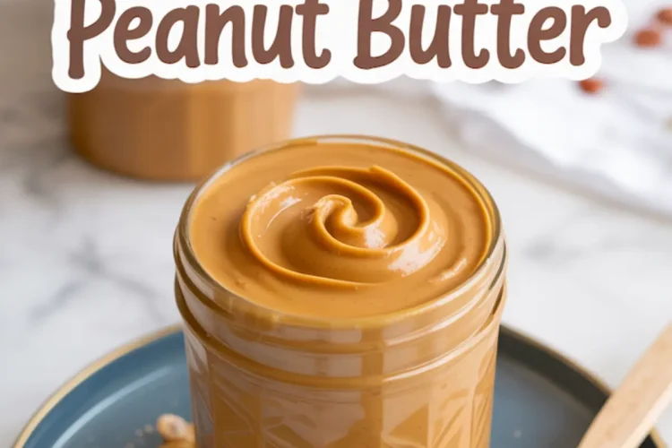 A glass jar filled with smooth homemade peanut butter on a blue plate, surrounded by shelled peanuts and a wooden spoon, with a text overlay reading “How to make Homemade Peanut Butter.”