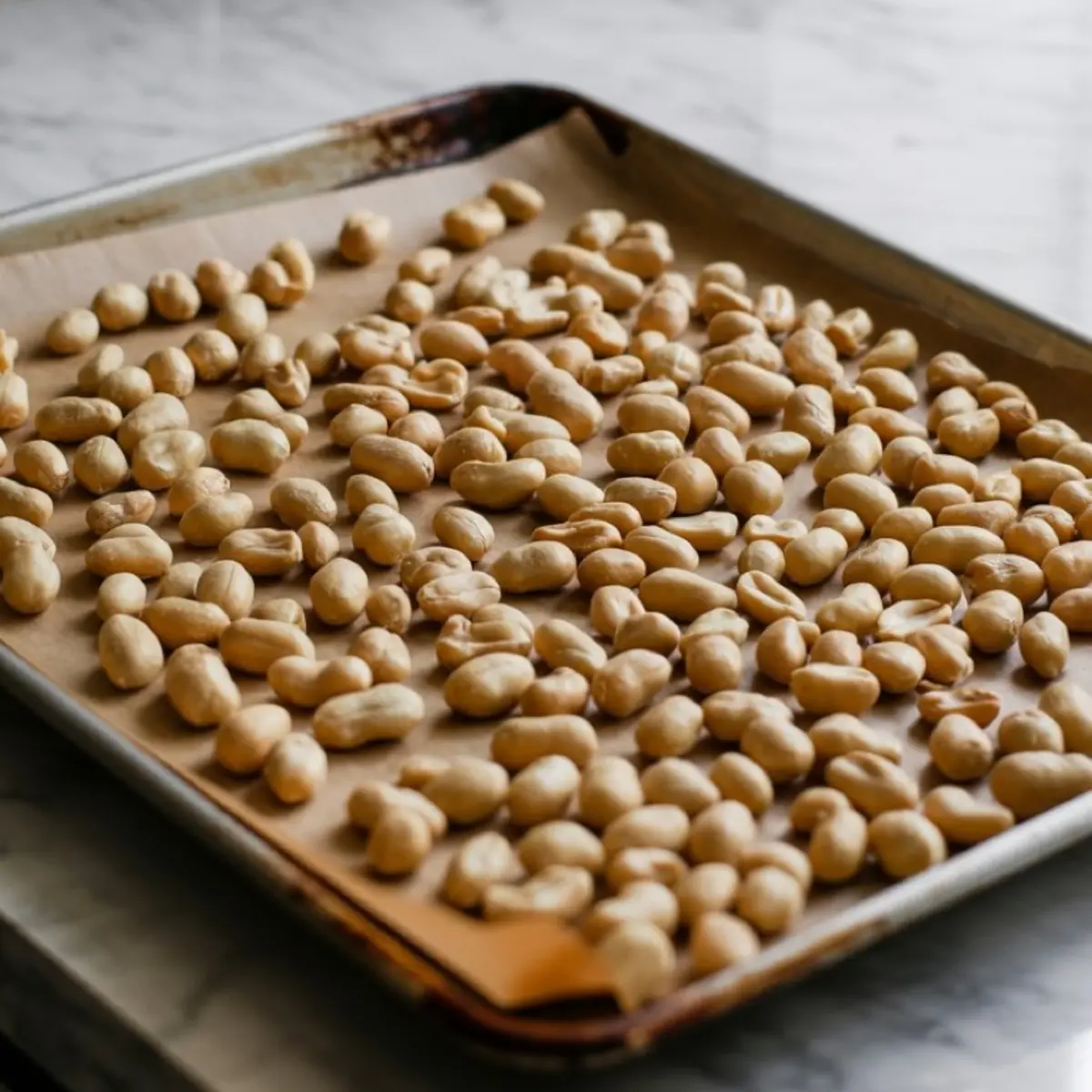 A baking sheet lined with parchment paper is filled with raw shelled peanuts, evenly spread for roasting, placed on a marble countertop under natural lighting.