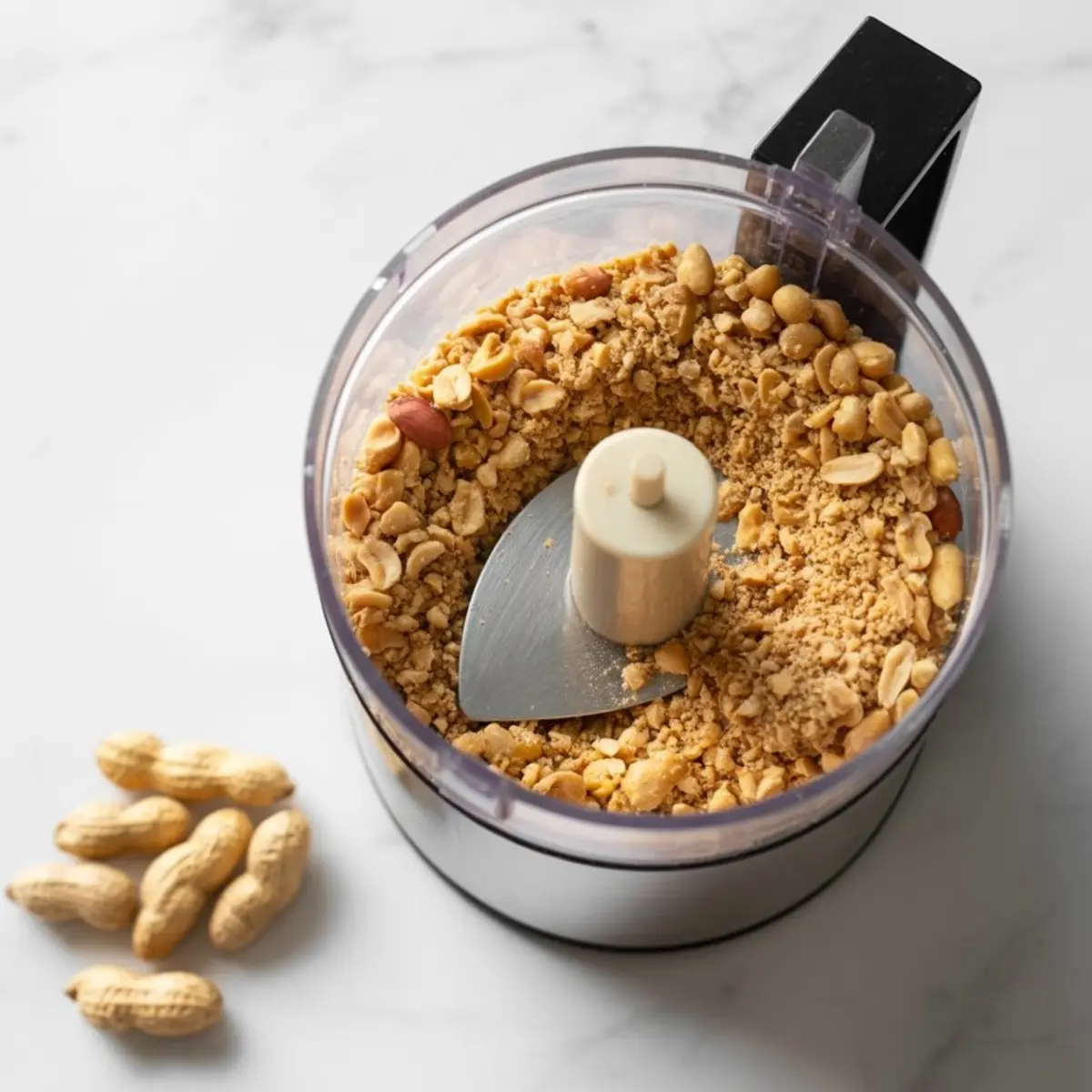 Crushed roasted peanuts inside a food processor with a metal blade, partially ground for peanut butter preparation, with unshelled peanuts beside the appliance.