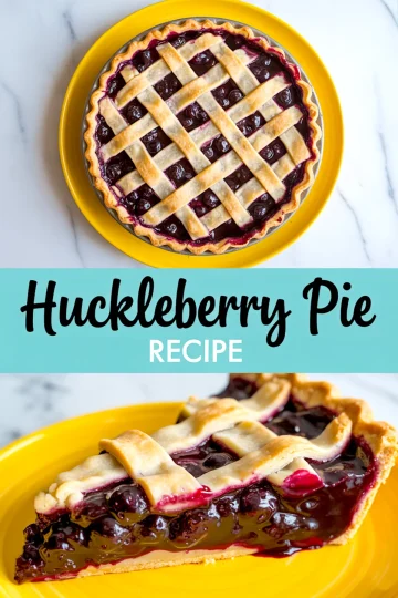 Collage image of a baked huckleberry pie with golden lattice crust on a yellow plate and a close-up of a pie slice revealing juicy berry filling with text “Huckleberry Pie Recipe.”