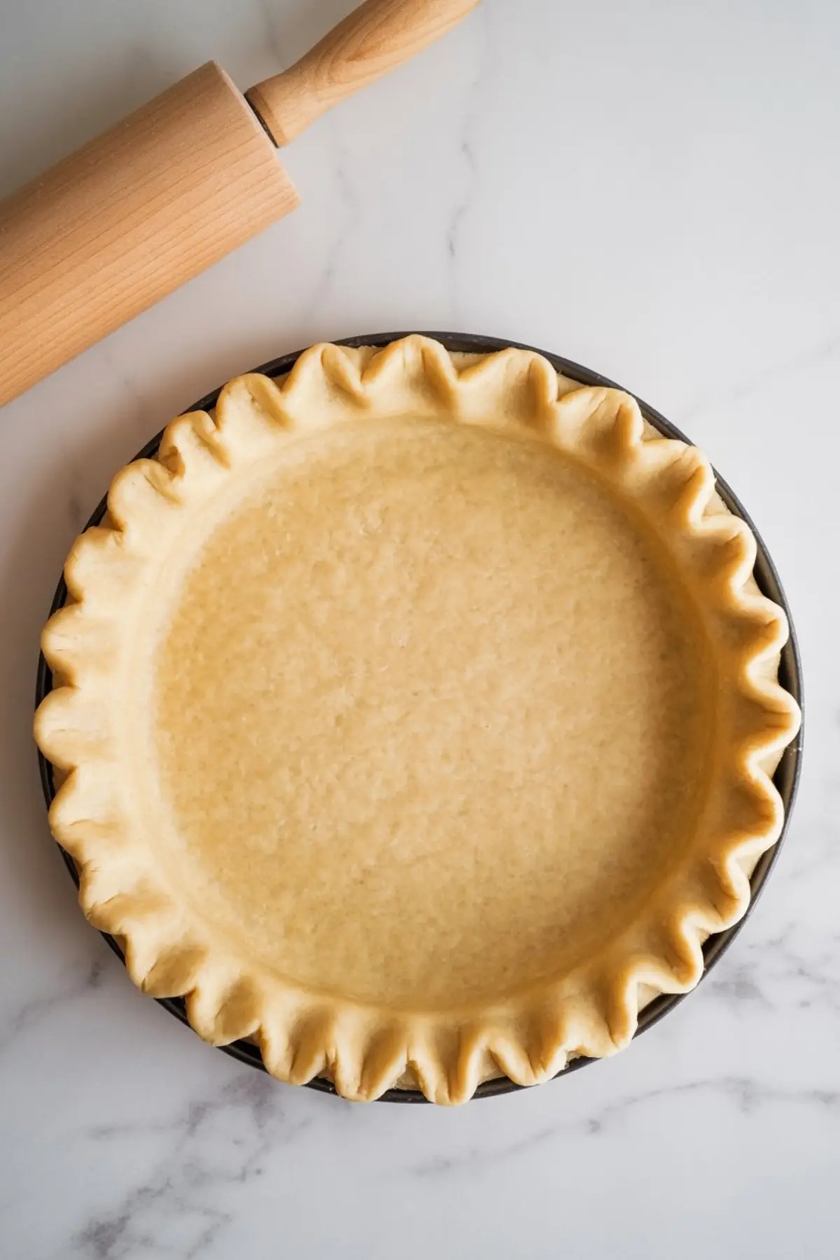 Homemade pie crust with fluted edges pressed into a metal pie dish, set on a white marble countertop beside a wooden rolling pin.