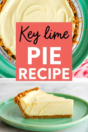 Collage featuring a close-up of a partially sliced key lime pie in a foil pan and a single slice on a teal plate with a buttery graham crust and smooth citrus filling, styled with text overlay for recipe sharing.