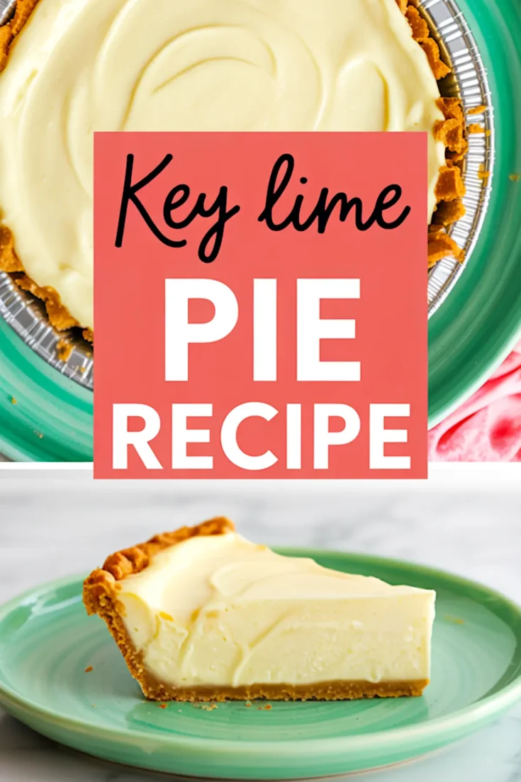 Collage featuring a close-up of a partially sliced key lime pie in a foil pan and a single slice on a teal plate with a buttery graham crust and smooth citrus filling, styled with text overlay for recipe sharing.