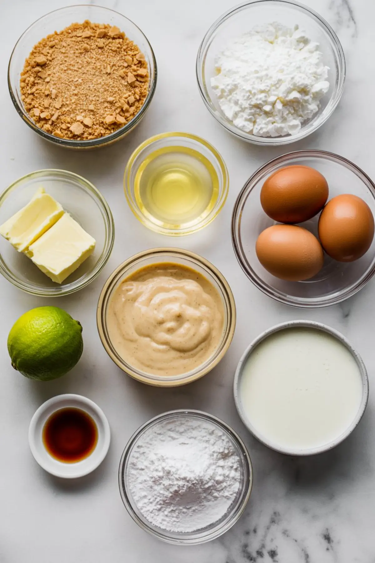 Flat lay of key lime pie ingredients in glass bowls including graham cracker crumbs, powdered sugar, eggs, butter, vanilla extract, condensed milk, lime, and cornstarch arranged on a white countertop for a clean recipe setup.