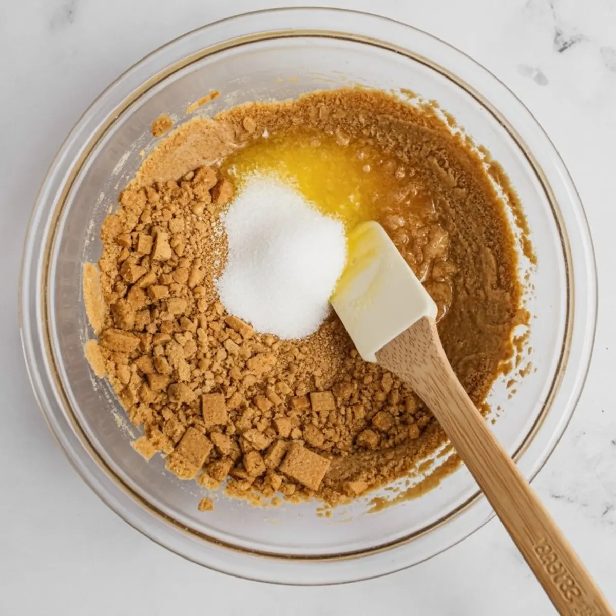 Mixing bowl with crushed graham crackers, granulated sugar, and melted butter being stirred with a spatula to form a pie crust mixture, showcasing step-by-step baking preparation.